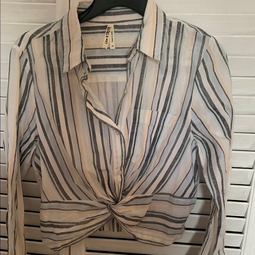 Gray Striped Knot Front Linen Top